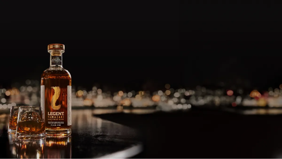image of Legent Yamazaki whisky bottle and glass filled